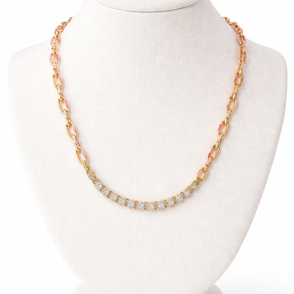 GOLD TONE Tennis Necklace with Rhinestones and Pink Gems